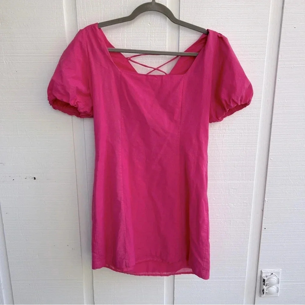 Cottagecore Lovely Pink 100% Cotton Puffed Sleeve Lace-Up Back Mini Dress | Sz M
